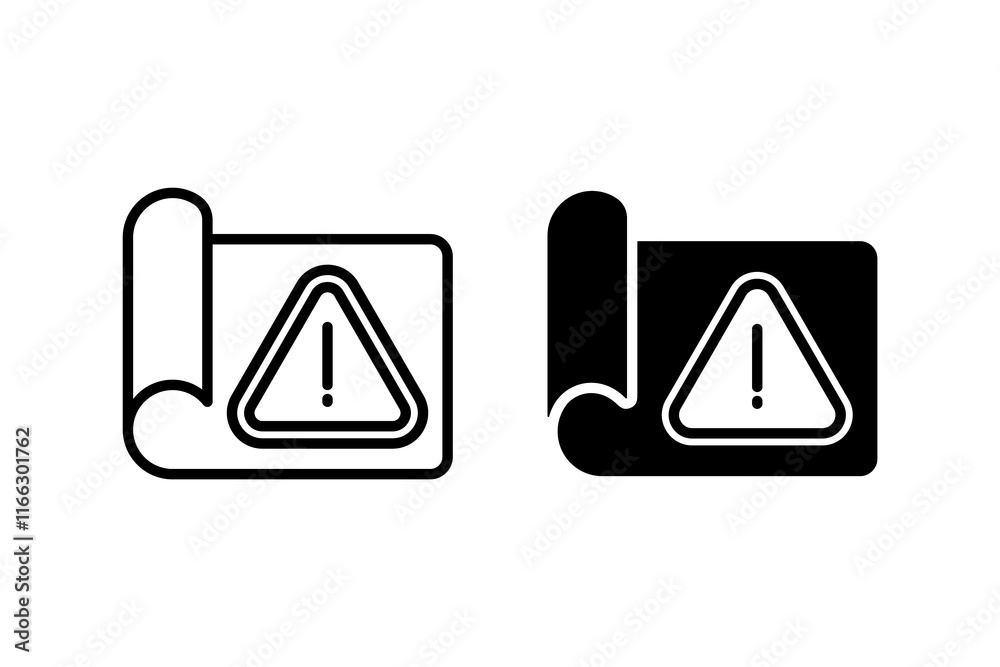 contingenc icon, with line style and black fill. Rolled documents with warning triangles suitable for a safety awareness poster or any educational materials related to caution signs. contingenc icon, with line style and black fill. Rolled documents with warning triangles suitable for a safety awareness poster or any educational materials related to caution signs.