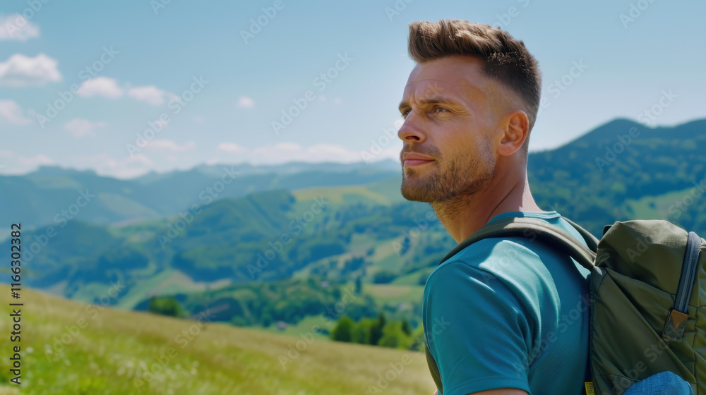 A rugged man smiles as he hikes through the stunning mountain trails of Austria, breathing in fresh alpine air. A rugged man smiles as he hikes through the stunning mountain trails of Austria, breathing in fresh alpine air.