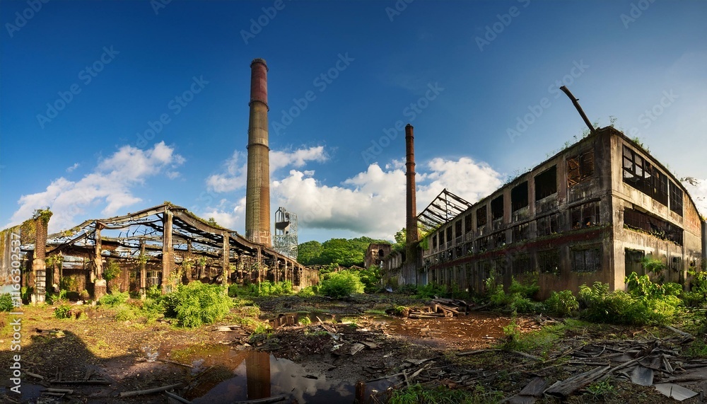 廃墟になった工場の風景。（A scene of an abandoned factory.）
