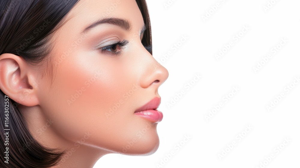 A confident woman with sleek short black hair stands out against a crisp white backdrop, exuding strength and elegance. A confident woman with sleek short black hair stands out against a crisp white backdrop, exuding strength and elegance.