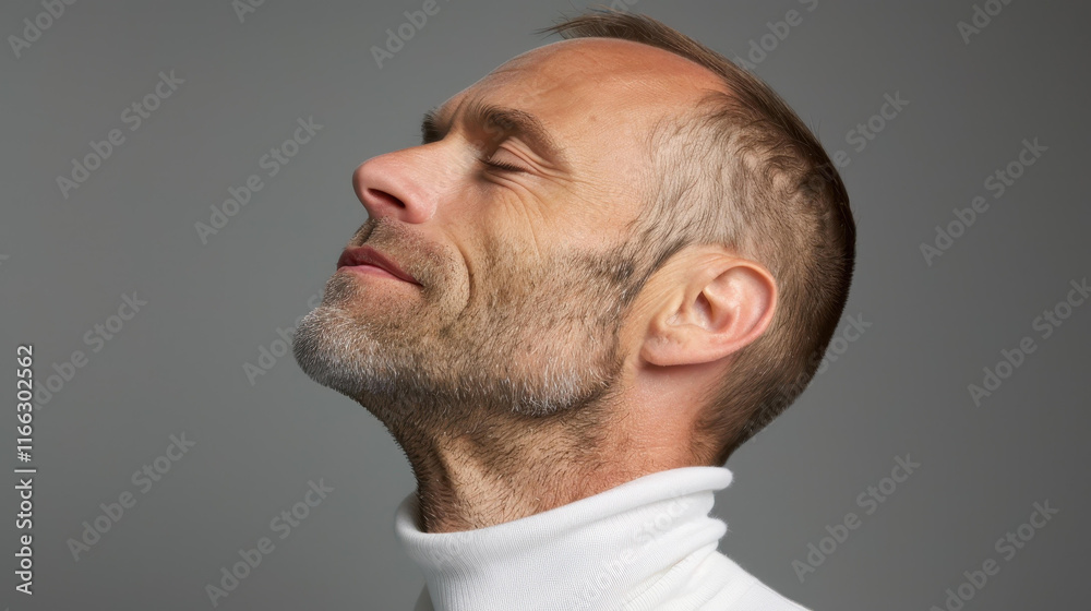 A man in a white turtleneck gazes upwards against a subtle gray backdrop, embodying confidence and curiosity. A man in a white turtleneck gazes upwards against a subtle gray backdrop, embodying confidence and curiosity.