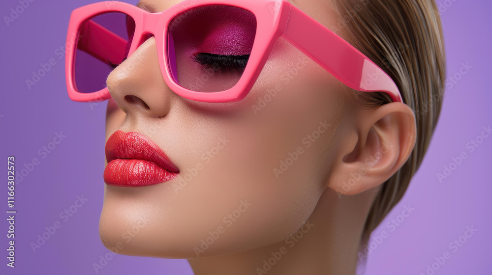 Stylish model showcases trendy square sunglasses and glossy makeup, striking a glamorous pose against a vibrant violet backdrop.