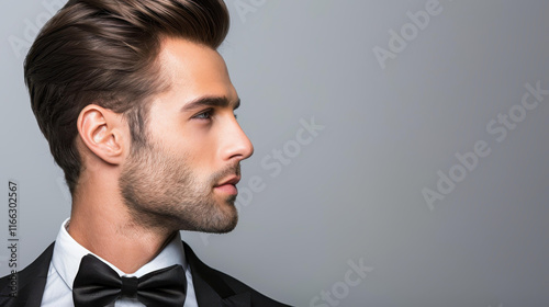 A dapper young man in a sleek suit and stylish bow tie, exuding charm and sophistication in his portrait.