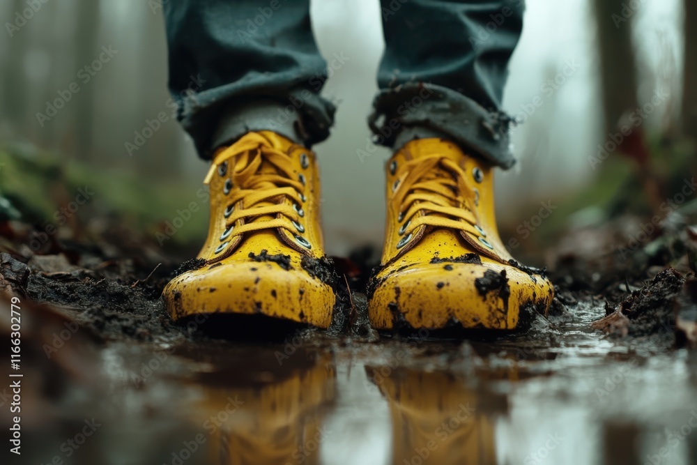 Vibrant yellow boots navigate a muddy forest trail on a foggy morning Vibrant yellow boots navigate a muddy forest trail on a foggy morning