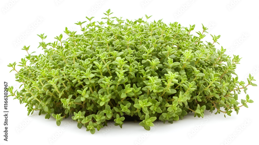 A low-growing thyme plant with small, delicate green leaves A low-growing thyme plant with small, delicate green leaves