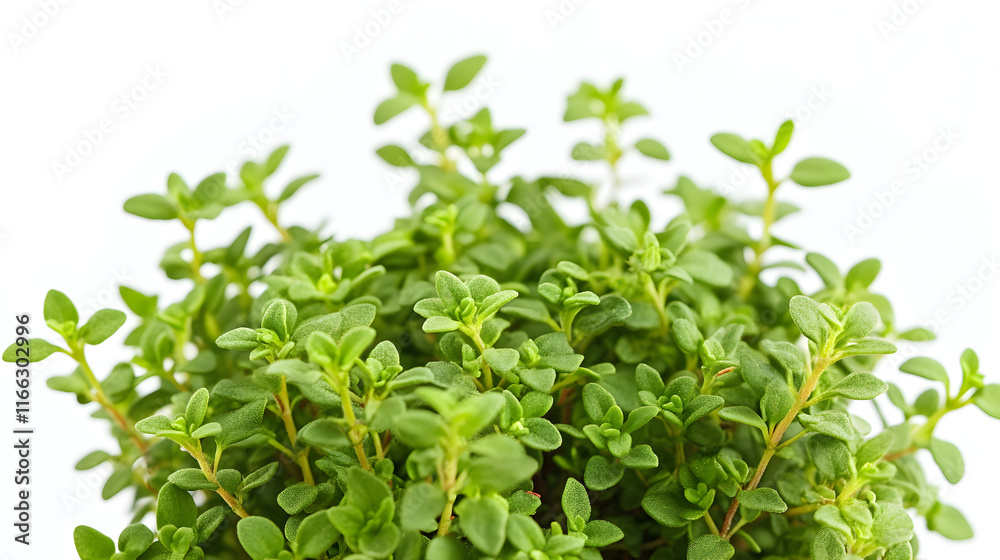 A low-growing thyme plant with small, delicate green leaves A low-growing thyme plant with small, delicate green leaves