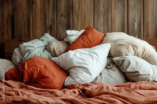 Cozy retreat with an inviting assortment of soft pillows on a warm-toned bedspread in a rustic room setting