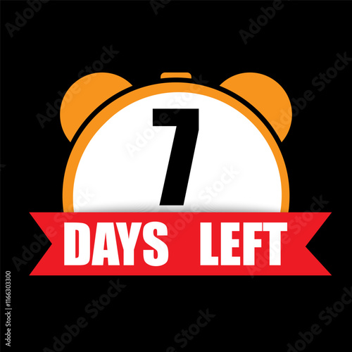 7 days left icon. Countdown clock symbol. Bold number seven text. Black red white design.