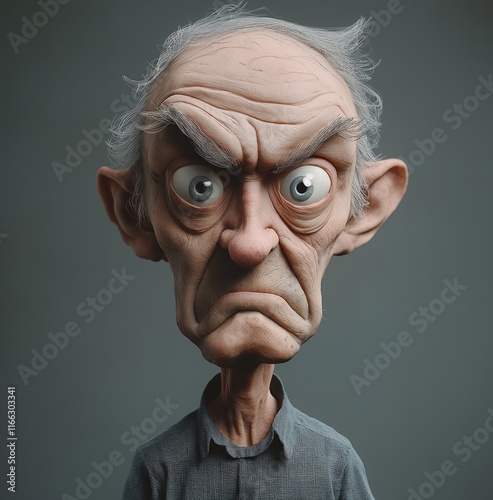 A 3D Render of an Angry Cartoon Old Man with Exaggerated Features and a Grumpy Expression photo