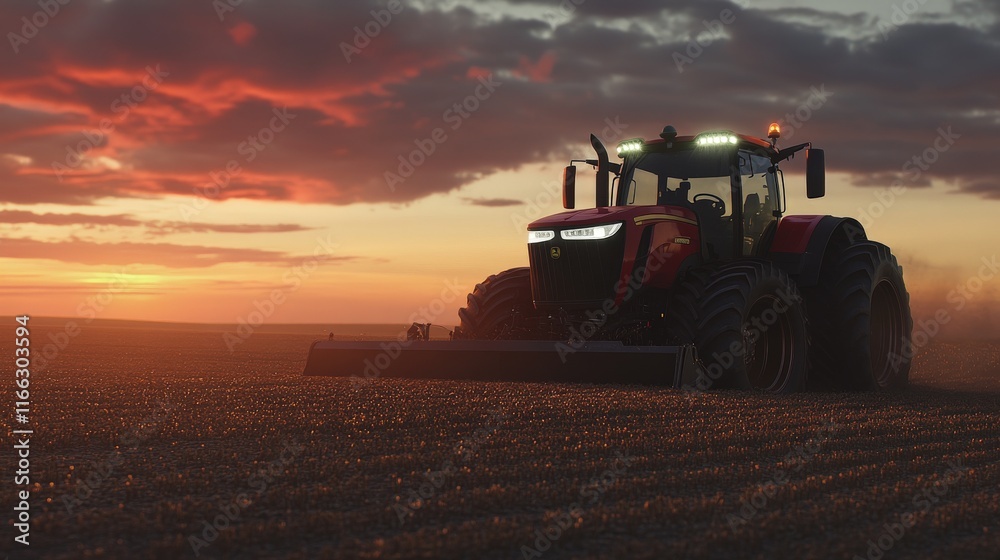 Tractor in Sunset Field for Planting Seeds