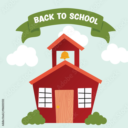 School building, primary school facade against the background of a natural landscape. Vector, cartoon illustration
