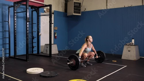 2/3 profile view of determined female power lifter lifting heavy weights over her head, then throwing them back down, slow motion shot.