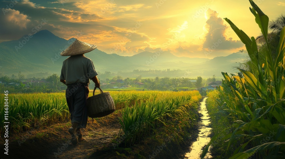 Fototapeta premium Farmer Tending Crops in Calm Rural Landscape