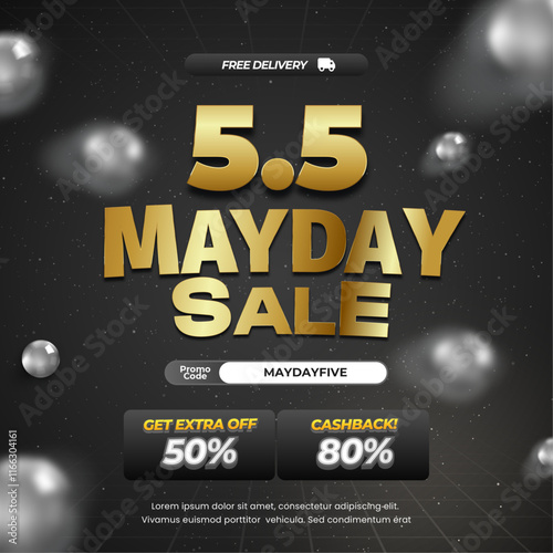 5.5 Mayday Shopping Sale discount deals Dark Gray Black gradient Editable text effect Golden Exclusive premium Square banner