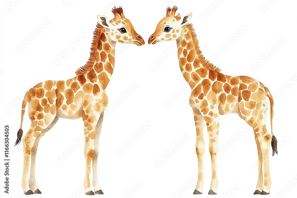 Naklejka premium Two adorable giraffes facing each other in a playful pose.