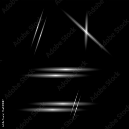 Glowing light streaks. Abstract white highlights. Black background contrast. Vector light elements.