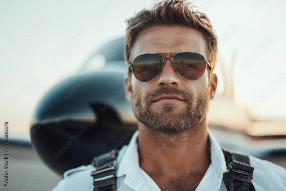 Confident pilot stands proudly before a sleek private jet during golden hour, capturing the essence of adventure and ambition Confident pilot stands proudly before a sleek private jet during golden hour, capturing the essence of adventure and ambition