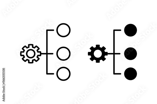 icon project management,with line style and black fill. gears connecting to three circles. Perfect for depicting interconnected systems, mechanics, industrial concepts, and technology.