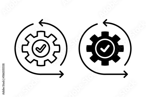 Continuous improvement icon, Continuous Process Improvement Symbol Title with Gears and Arrows.with line style and black fill. Ideal for business presentations, training materials and industrial desig