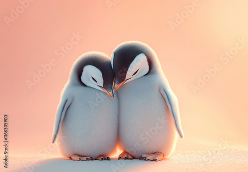 Two adorable emperor penguins nuzzling against a pastel pink background, perfect for Valentine's Day cards, baby announcements, or affectionate themed projects. photo