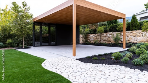 Modern outdoor space with a wooden pavilion and landscaped garden.