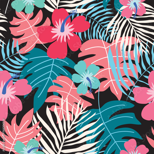 tropical leaves, pine needles and hibiscus flowers on black background seamless vector pattern