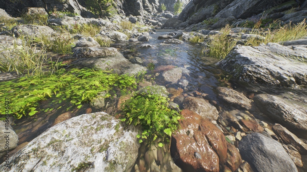 A serene stream flowing over rocks with lush greenery. A serene stream flowing over rocks with lush greenery.
