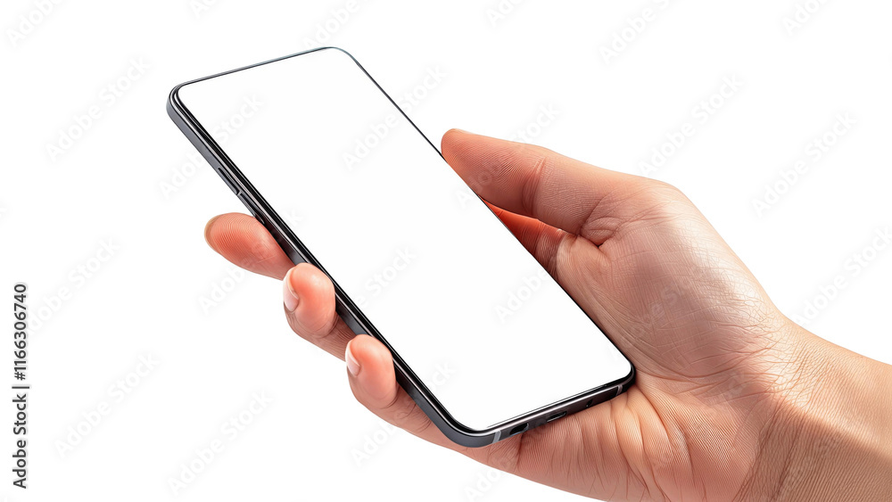 A hand holding a cell phone with a white background A hand holding a cell phone with a white background