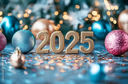 Golden 2025 New Year Celebration with Festive Ornaments and Sparkling Confetti photo