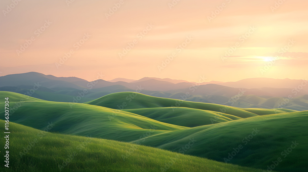 Tranquil Sunset Over Rolling Green Hills - A Serene Landscape Evoking Peace and Harmony with Nature Tranquil Sunset Over Rolling Green Hills - A Serene Landscape Evoking Peace and Harmony with Nature