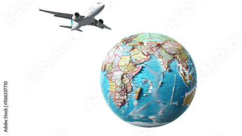 A large globe is shown with a plane flying over it