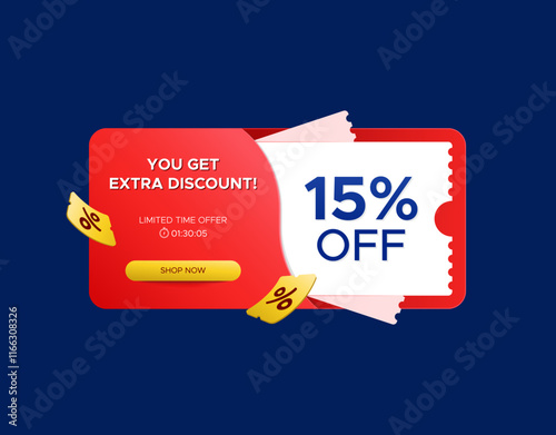 Extra discount 15 percent off in red color with limited time offer and flying coupon. Vector design for promo, marketing, promotion, web, marketplace or social media
