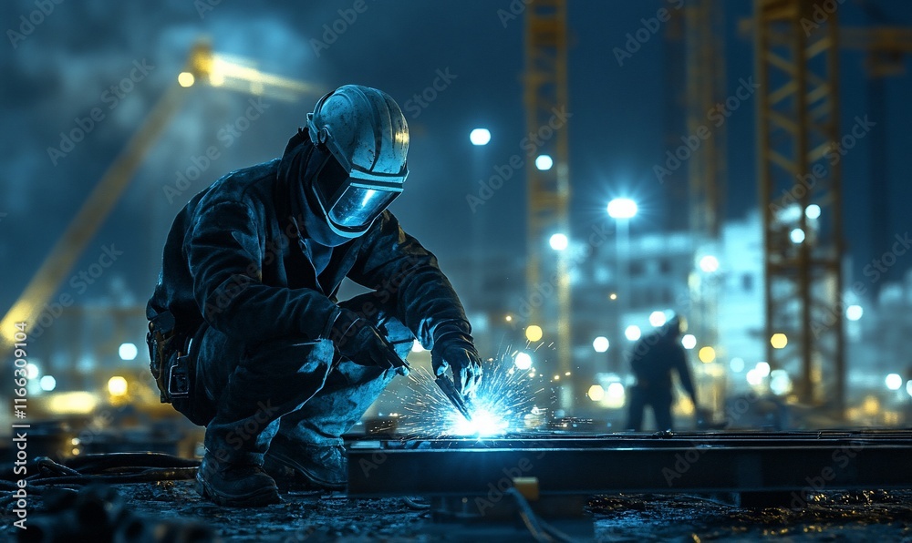 Industrial worker welding at night. Industrial worker welding at night.