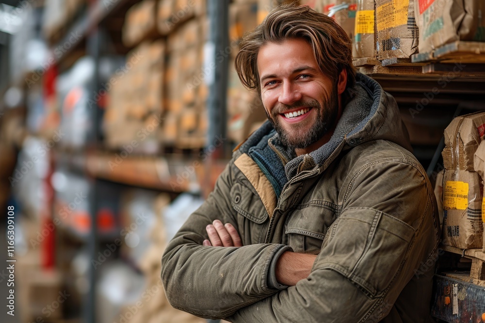 Rugged Bearded Man in Warehouse Setting with Shelves of Boxes - Portrait of a Confident Worker in Rustic Charm Rugged Bearded Man in Warehouse Setting with Shelves of Boxes - Portrait of a Confident Worker in Rustic Charm