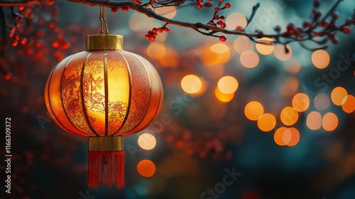 Illuminated Chinese Lantern Hanging on Branch with Festive Bokeh Lights Background photo