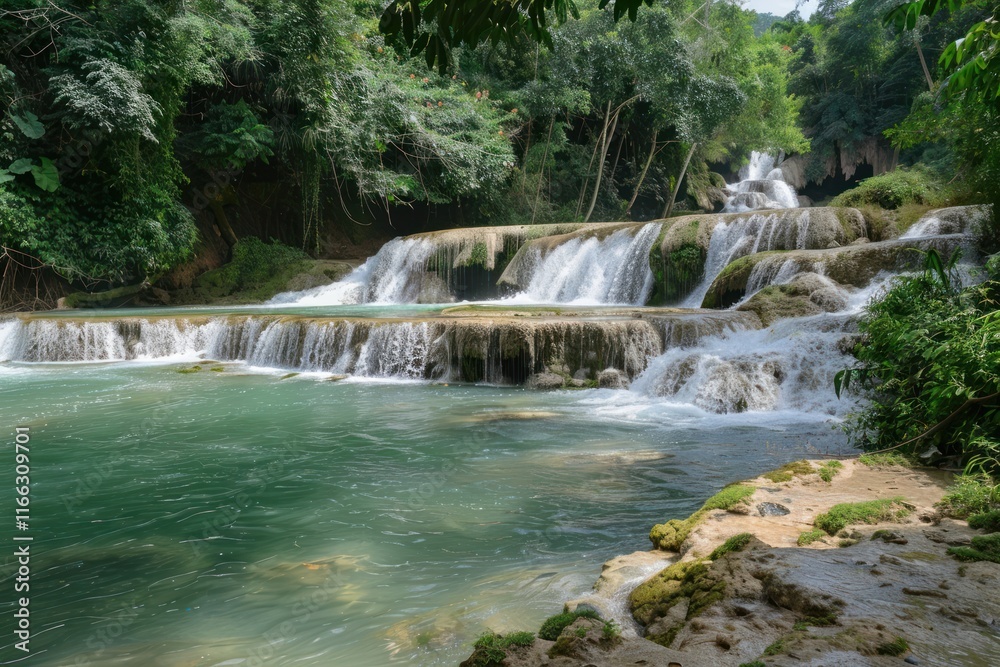 Fototapeta premium A serene waterfall cascading into a turquoise pool surrounded by lush greenery.