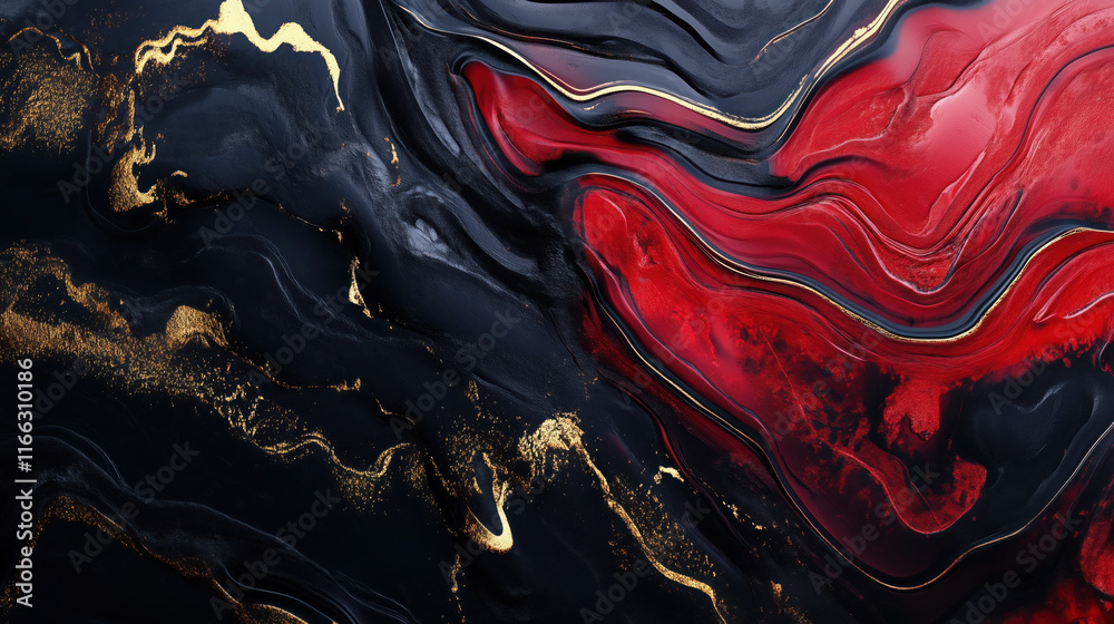Obraz premium Abstract 3D Flowing Liquid-Like Wave Textures in Red, Gold, and Black Gradient