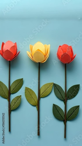 Colorful handmade paper flowers arranged neatly on a bright blue background showcasing creativity and craftsmanship