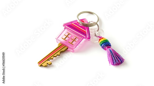 Pink house-shaped key with rainbow tassel keychain on white background. photo