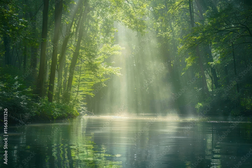 Fototapeta premium Serene forest scene with sunlight filtering through trees, reflecting on calm water.
