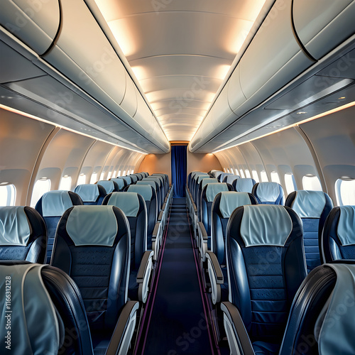 Empty airplane cabin from aisle perspective
