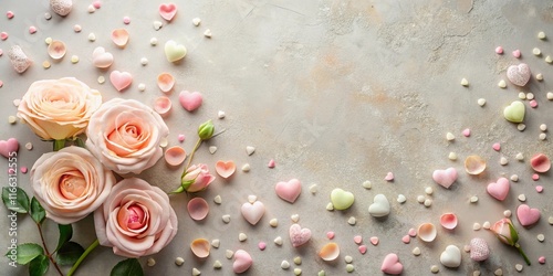 Romantic pastel roses and sweet heart candies arranged on a textured background