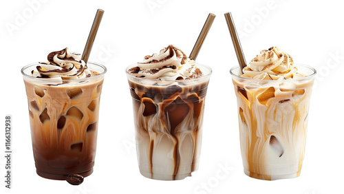 Three cups of coffee with different flavors and toppings photo