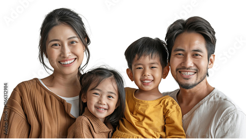 A family of four, a man and three children, are smiling for the camera. The family is wearing warm clothing, and the image has a warm and happy mood