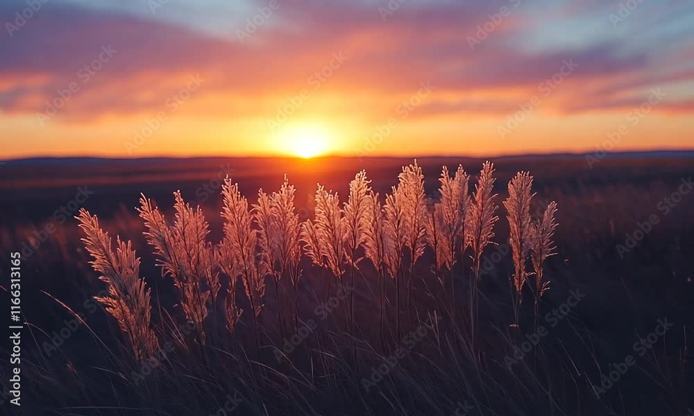A serene sunset over a field of tall grass, creating a tranquil and picturesque landscape. A serene sunset over a field of tall grass, creating a tranquil and picturesque landscape.
