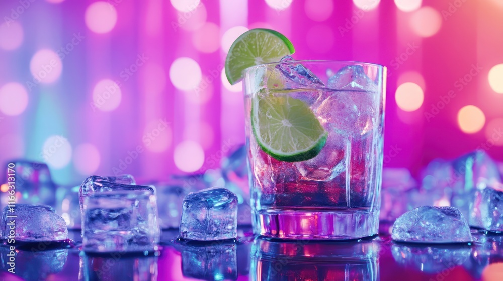 A cocktail glass with lime, ice, and colorful bokeh lights in the background. A cocktail glass with lime, ice, and colorful bokeh lights in the background.