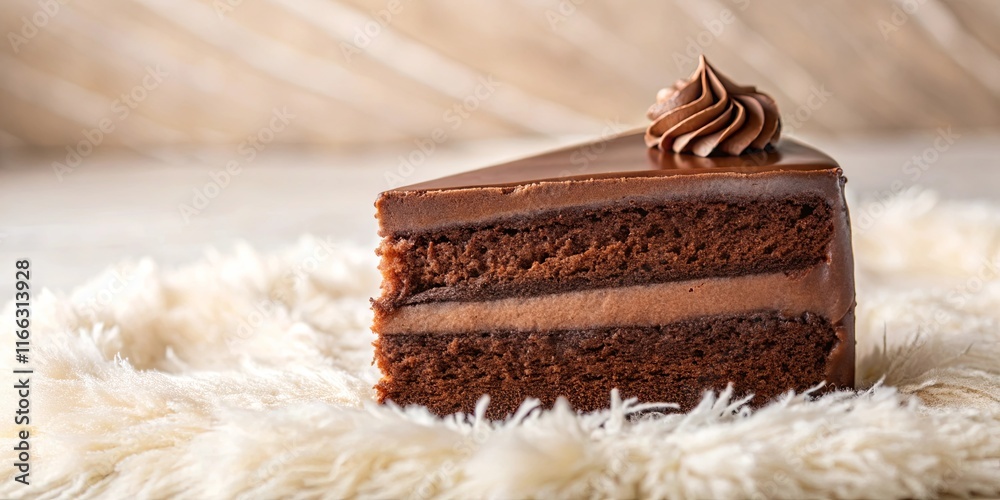 Obraz premium A decadent slice of rich chocolate layer cake, adorned with a swirl of chocolate frosting, rests gently on a soft, fluffy textile