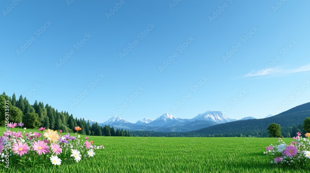 Obraz premium A serene landscape featuring mountains, green fields, and flowers.