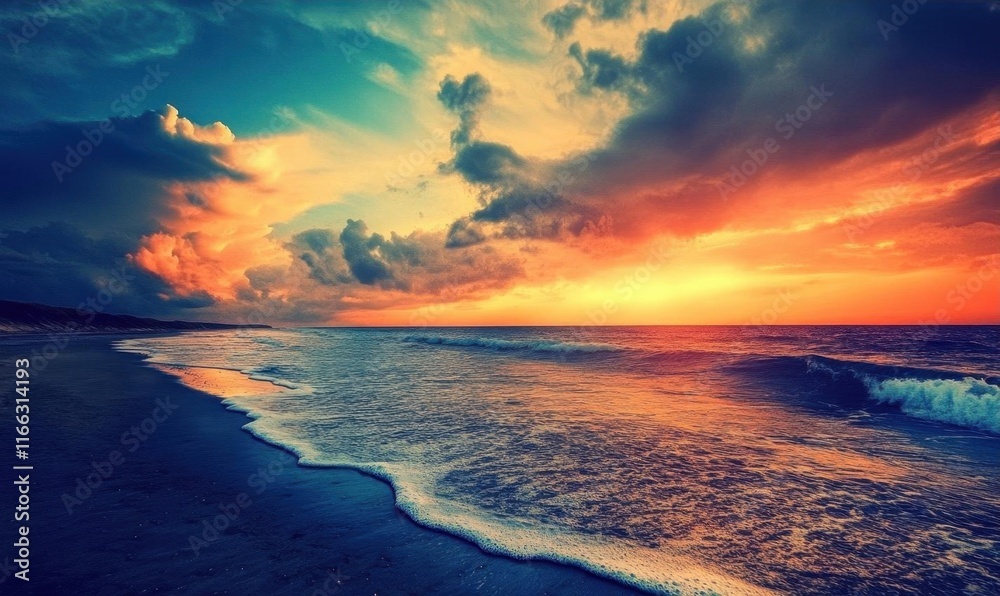 Fototapeta premium A serene sunset over the ocean, with vibrant colors and gentle waves.