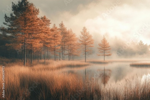 Wallpaper Mural Serene autumn landscape with trees and mist over a tranquil pond. Torontodigital.ca